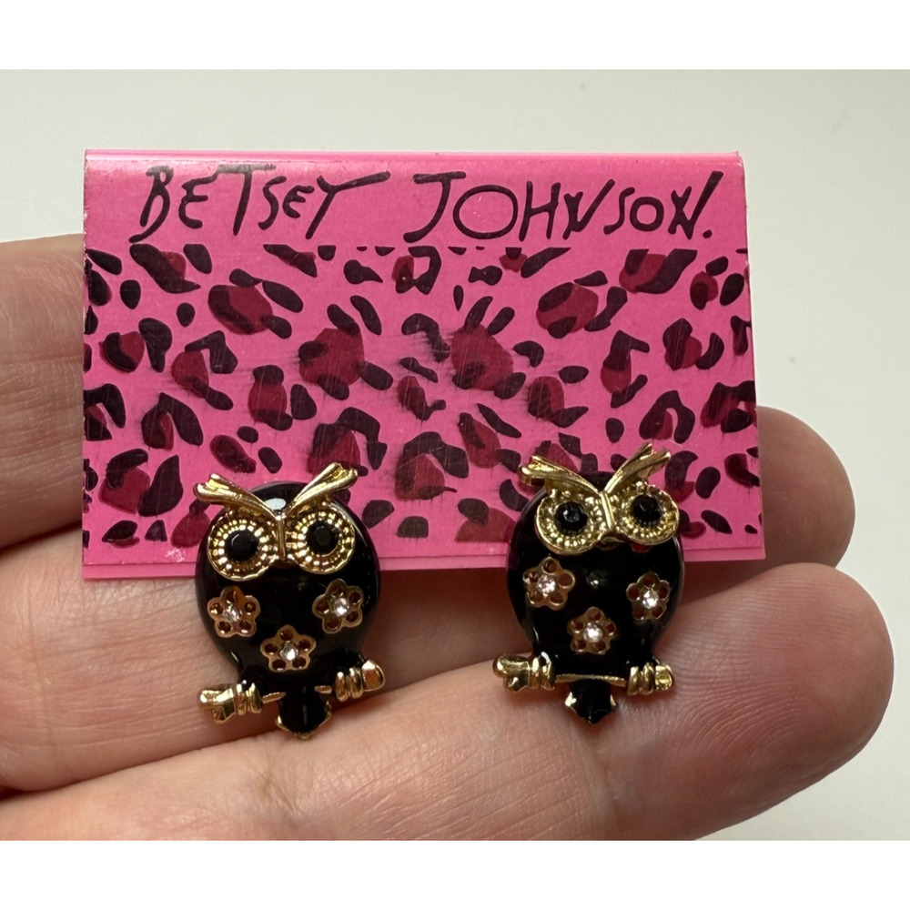 Betsey Johnson Black Enamel & Rhinestone Owl Post Earrings Original Card Gold